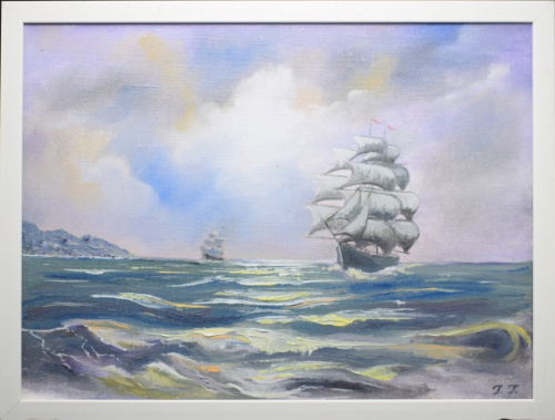 Картина «парусник на волнах». Автор: Галина Гусева. Масло, холст. Размер 43×33 см