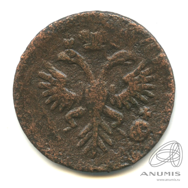 Деньга 1731 — (½ копейки) - Орел 1730 г. Над годом 2 черты. Большой кружок. Перечекан из петровской копейки (Над годом 2 черты)