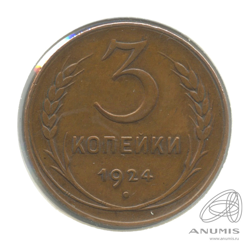 3 копейки 1924 — Гурт гладкий. На Николаевском кружке. В холдере