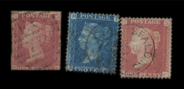 Лот из 3 марок, Великобритания, 1850 е годы, «Королева Виктория» 2 марки красные номинал 1 пенни. 2. Марка синяя номинал 2 пенса 1850е
