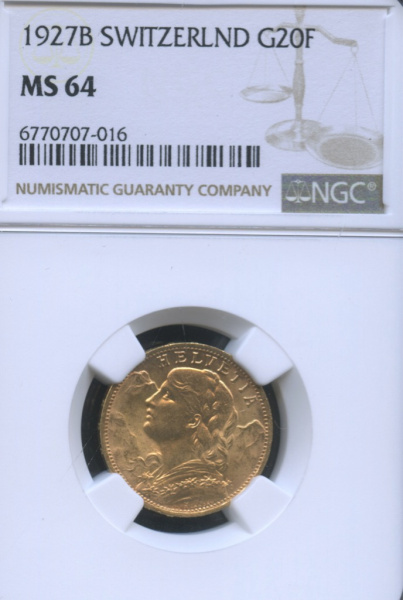 20 франков (Регулярный выпуск) 1927. В слабе. Коллекция тираж 20 000 шт