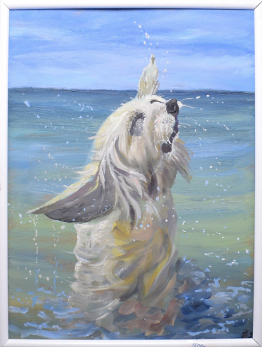 Картина «Собака на море». Автор: Галина Гусева. Масло, картон. Размер 42×32 см