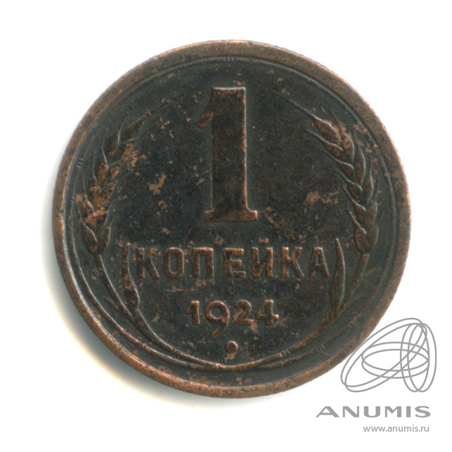 1 копейка 1924 — Гурт рубчатый. серп ниже полюса