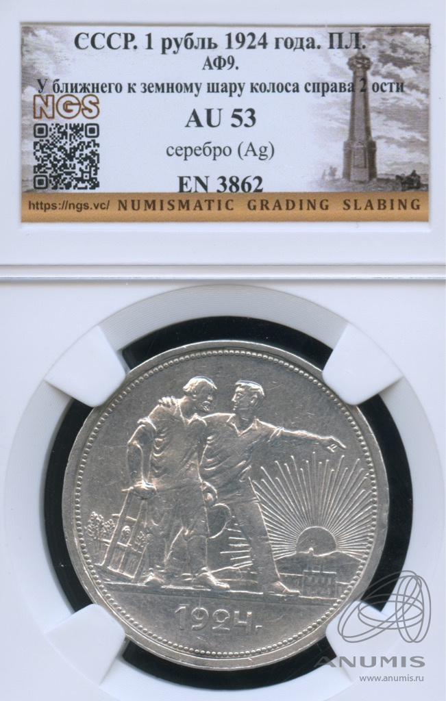 1 рубль 1924 ПЛ — Рабочий и колхозник. В слабе. шт. 1.1 (AU 53)