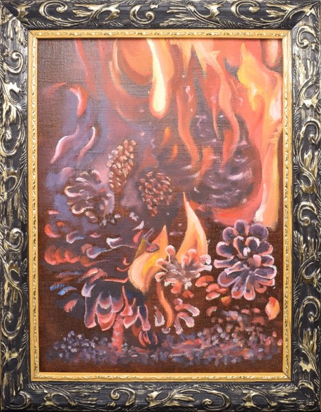 Картина «Костер из шишек». Автор: Галина Гусева. Масло, холст. Размер 37×47 см