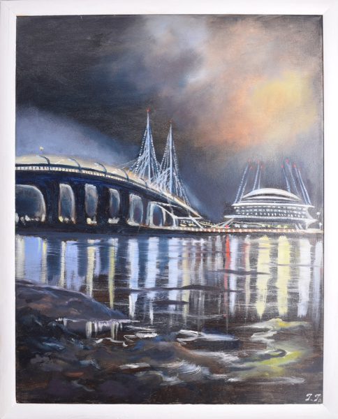 Картина «Новый стадион». Масло, холст. Размер 53×43 см. трещина на раме