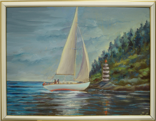 Картина «Яхта у маяка». Автор: Галина Гусева. Масло, картон. Размер 43×33 см