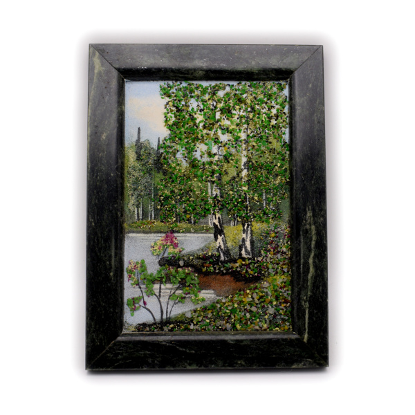 Картина «Березы у реки, каменная крошка, змеевик». Размер 14×19 см