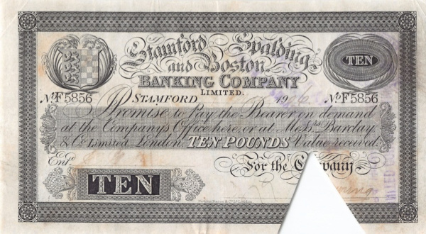 10 фунтов 1874. Гашение. Standard Catalogue of the Provincial Banknotes England & Wales — номер 2036. Редкая
