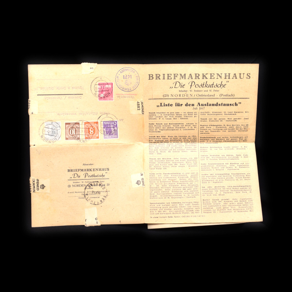 Отправление из г. Норден (Германия), в Каракас (Венесуэла). 1947 г. Совместная зона оккупации союзников. Филателистический бюллетень. Штемпель Британской номерной цензуры в Германии № 1671. Отличное состояние! Бумага. 1 лот 1947г
