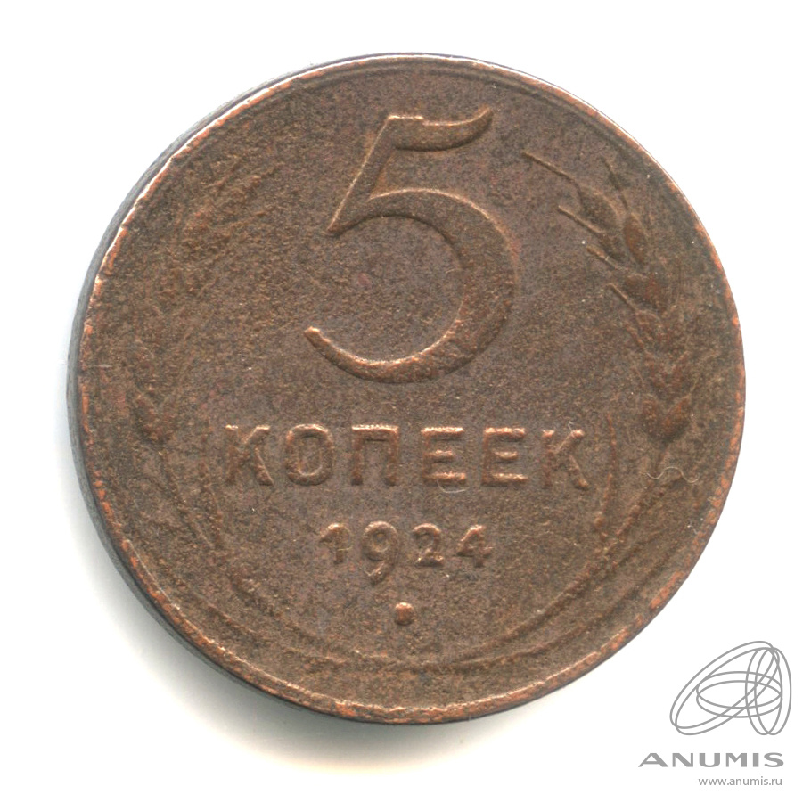 5 копеек 1924 — Гурт гладкий. На Николаевском кружке. Земной шар выпуклый (Земной шар выпуклый)