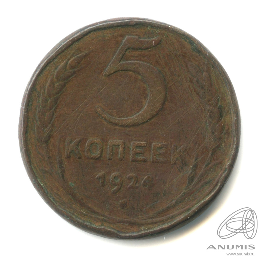 5 копеек 1924 — Гурт гладкий. На Николаевском кружке. Земной шар плоский (Земной шар выпуклый)