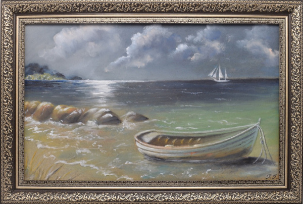Картина «Лодка у берега». Автор: Галина Гусева. Масло, картон. Размер 47×32 см