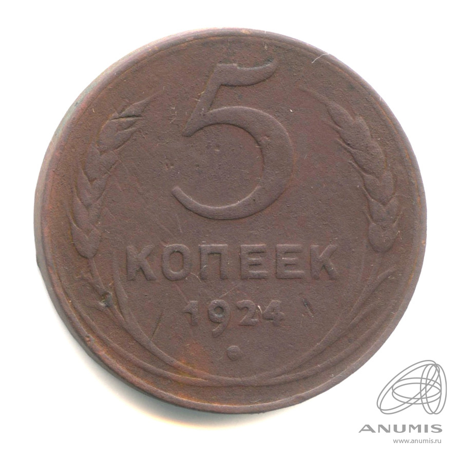 5 копеек 1924 — Гурт гладкий. На Николаевском кружке. Земной шар плоский (Земной шар выпуклый)