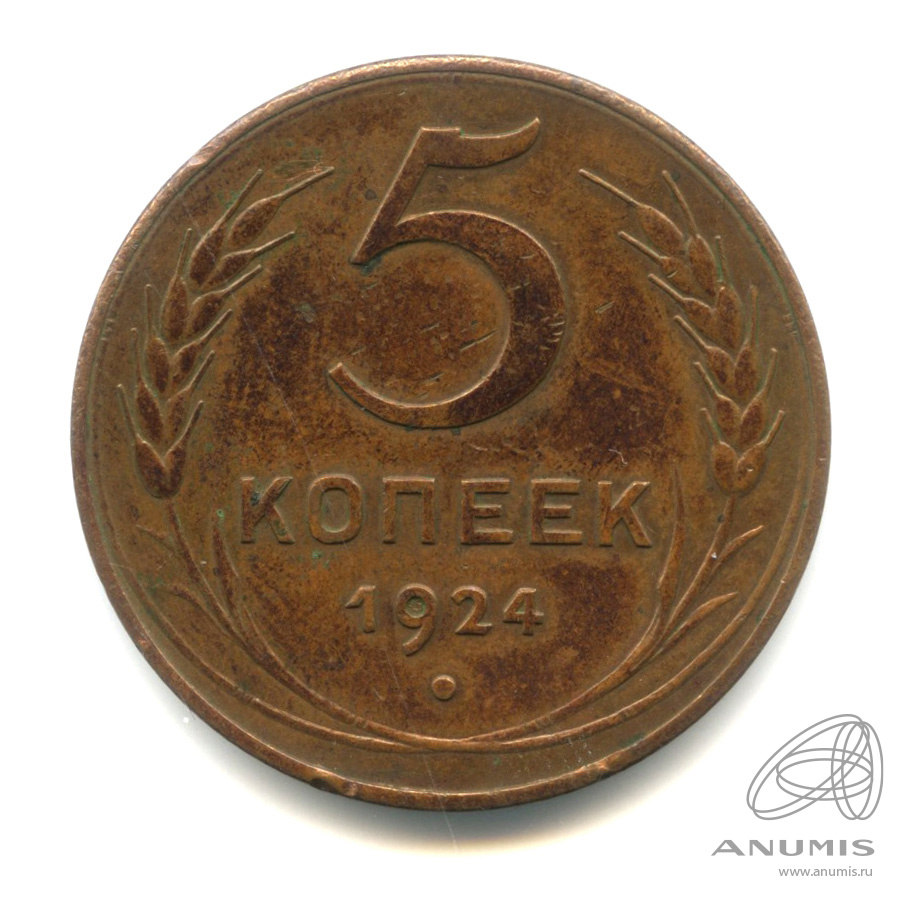 5 копеек 1924 — Гурт гладкий. На Николаевском кружке. Земной шар выпуклый. В капсуле (Земной шар выпуклый)