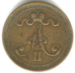 10 пенни — Для Финляндии. Вензель Александра II 1875. Кабинетная патина. Очень редкий год 1875 года (Российская Империя) #2